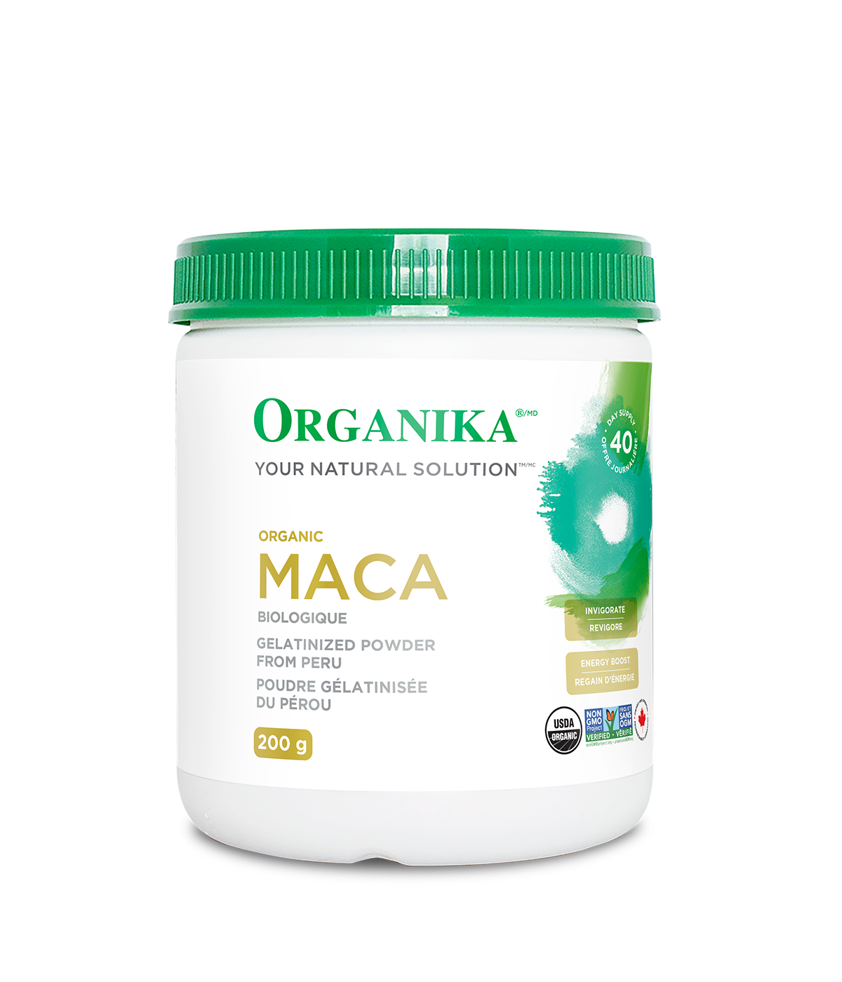 Organika Maca powder container 200 g Canadian label version sold on natvd.com
