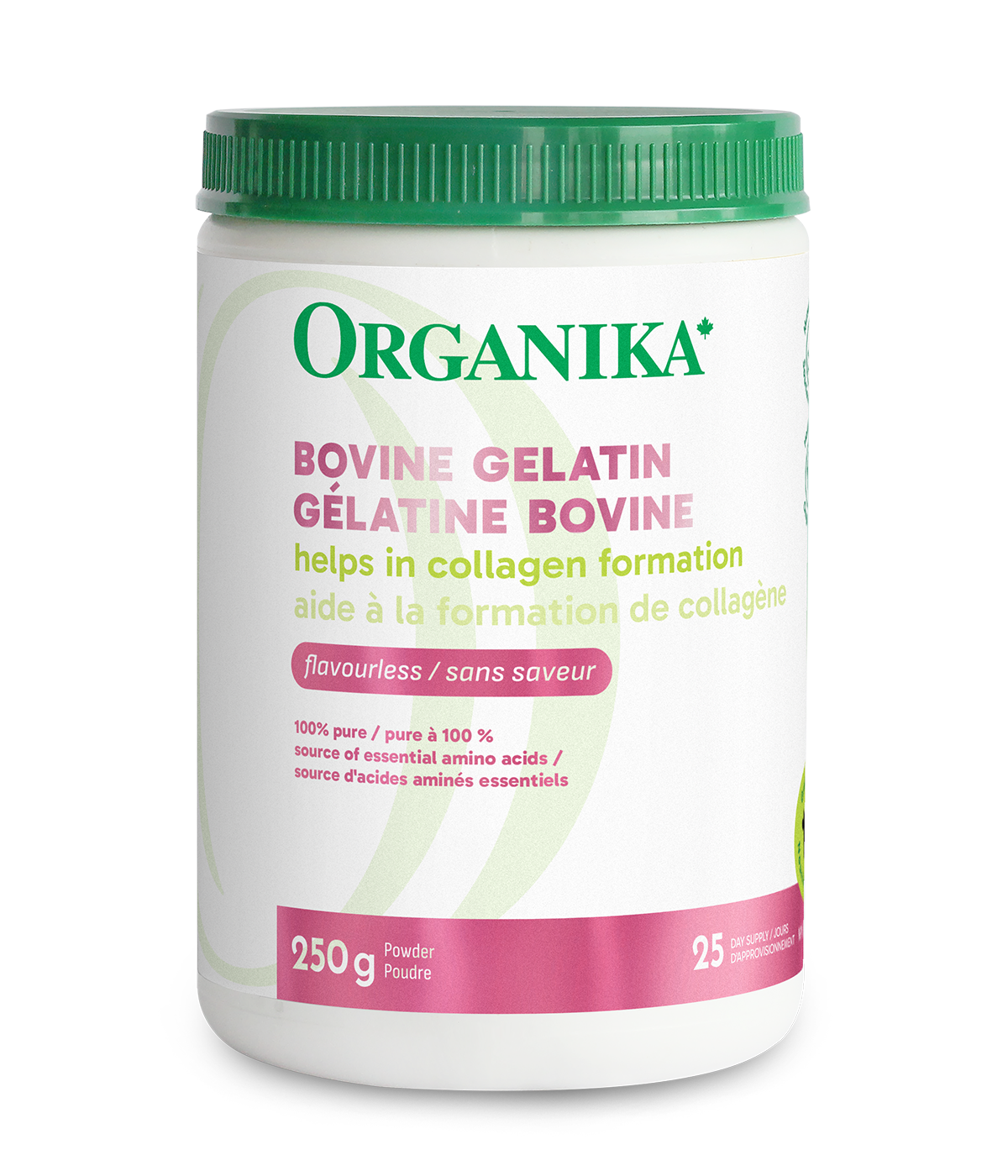 A container of Organika Bovine Gelatin powder, 250g, with product information and branding visible.