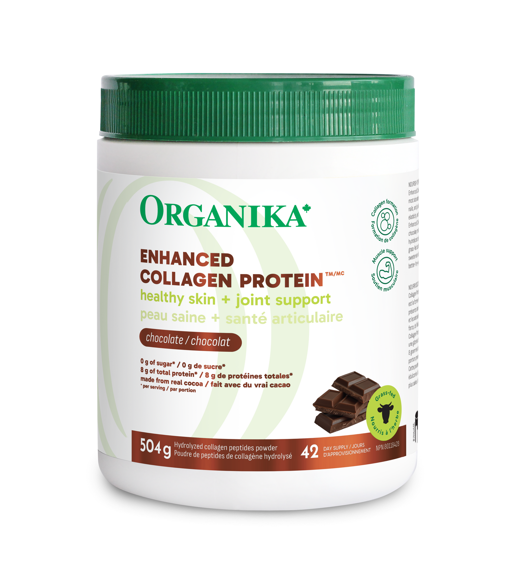 A container of Organika Enhanced Collagen powder in chocolate flavor. The container is white with a green lid, and it has branding and product information printed on the label.