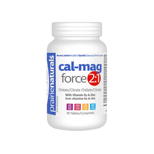 Bottle of prairienaturals cal-mag force 2:1 supplement on a white background Natural Vitamin Direct Inc Shop Canadian