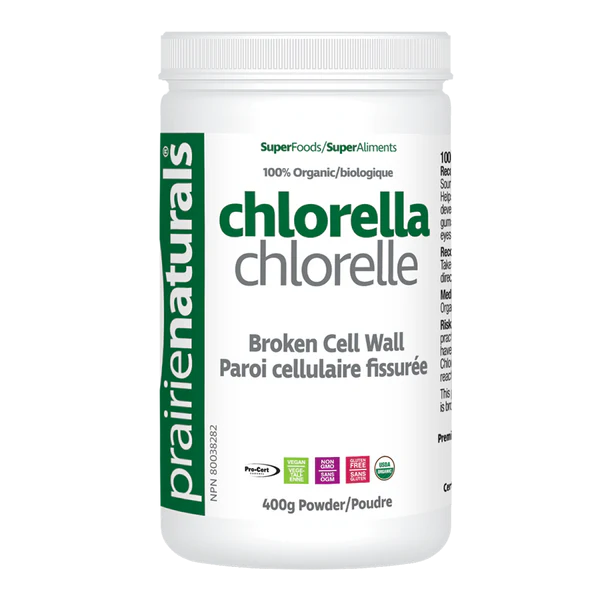 Prairie Naturals chlorella powder container on a white background sold online natvd.com Natural Vitamin Direct Inc Canada