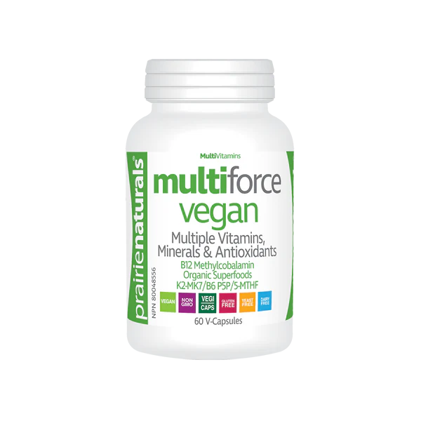 Multivitamin bottle labeled 'multiForce Vegan' on a white background natural vitamin direct inc Canada