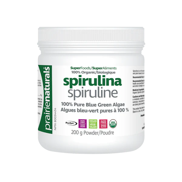 Jar of prairie naturals spirulina powder on a white background sold online natvd.com Natural Vitamin Direct Inc Canadian Vitamin