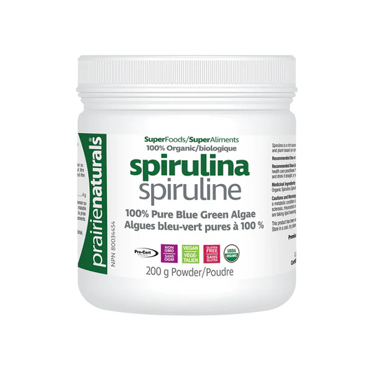 Jar of prairie naturals spirulina powder on a white background sold online natvd.com Natural Vitamin Direct Inc Canadian Vitamin