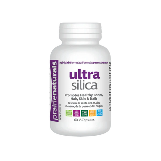 Bottle of ultra silica supplement on a white background Prairie Naturals sold online at natvd.com Canada