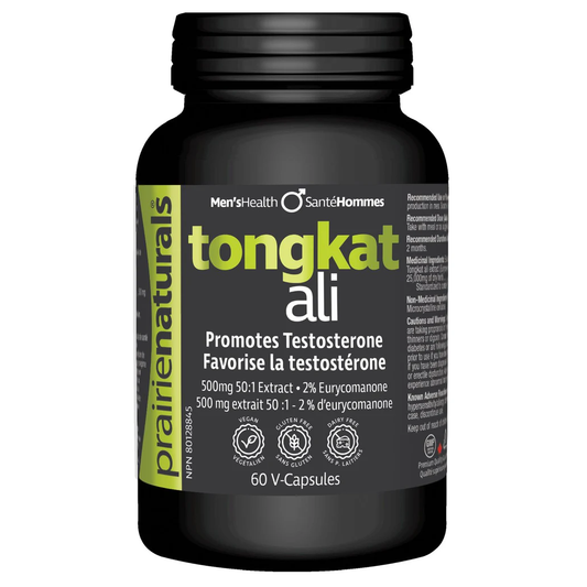 Black bottle of Praire Naturals tongkat ali supplement with green and white label on a white background Natural Vitamin Direct Shop Canadian natvd.com