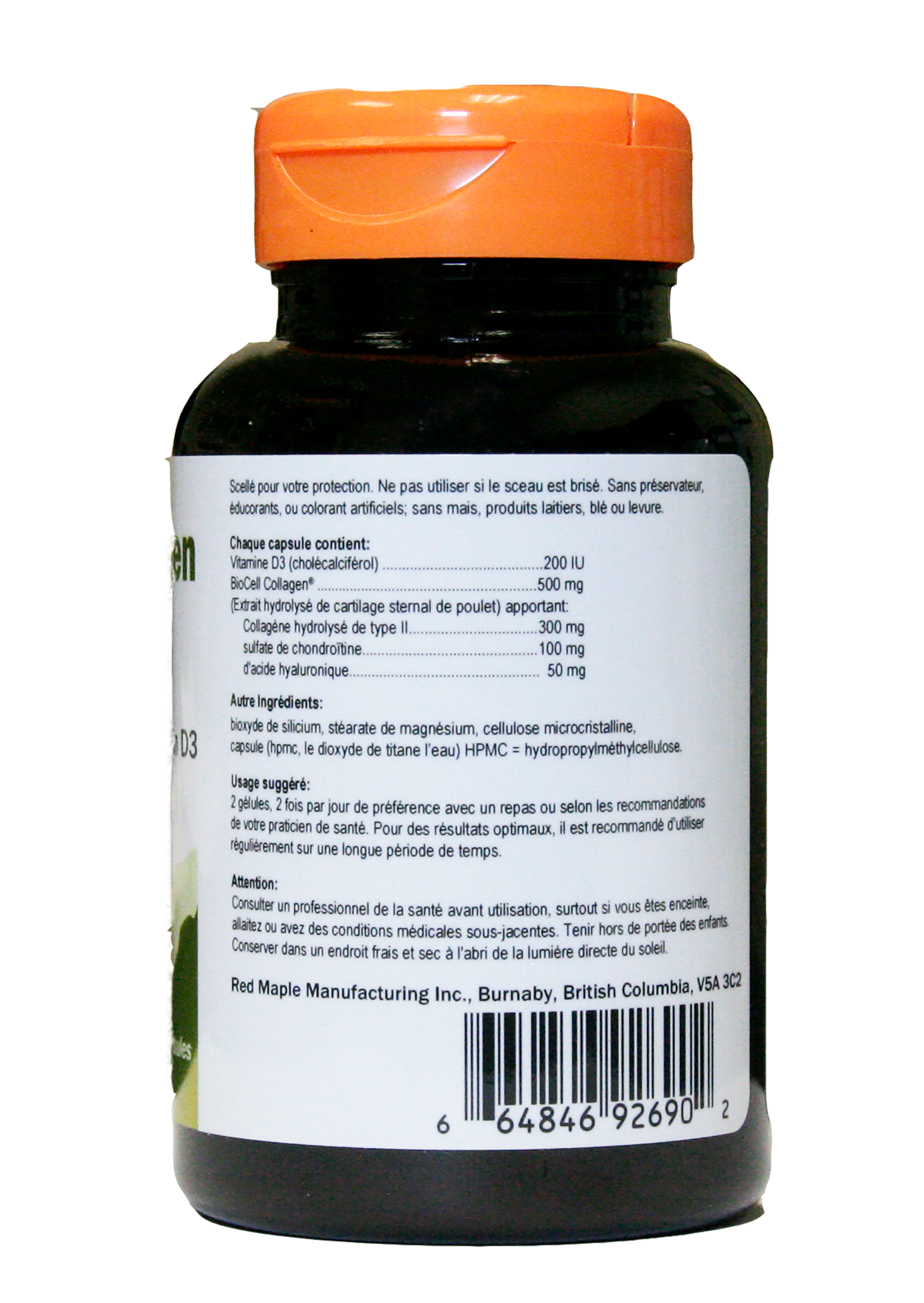 Red Maple Naturals BioCell Joint Collagen 500mg +D3, 60 capsules French side panel Canada