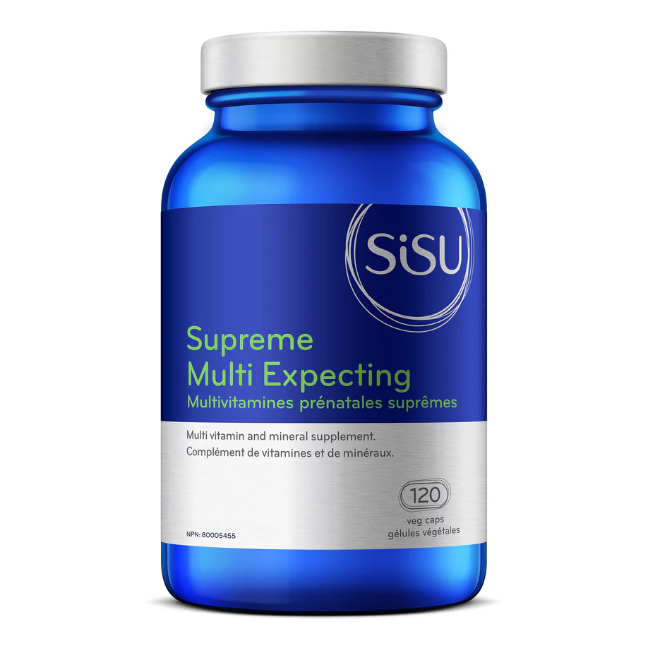 Blue supplement bottle labeled 'Supreme Multi Expecting' by SISU on a white background available for purchase online natvd.com

