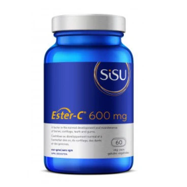 Blue supplement bottle labeled 'SISU Ester-C 600 mg' on a white background Natural Vitamin Direct Inc natvd.com
