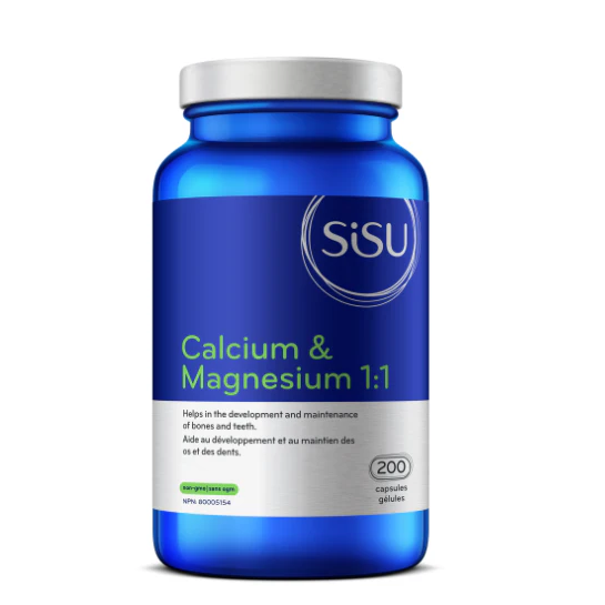 Blue supplement bottle labeled 'SISU Calcium & Magnesium 1:1' on a white background natvd.com Canada