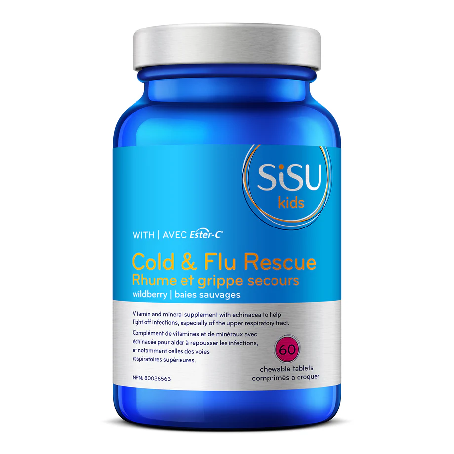 Blue SISU kids Cold & Flu Rescue supplement bottle on a white background natural vitamin direct inc natvd.com