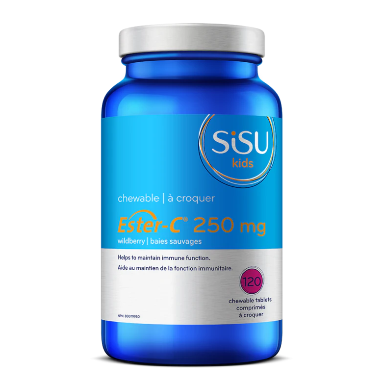 Blue Sisu kids Ester-C 250 mg supplement bottle on a white background natural vitamin direct inc canadian label
