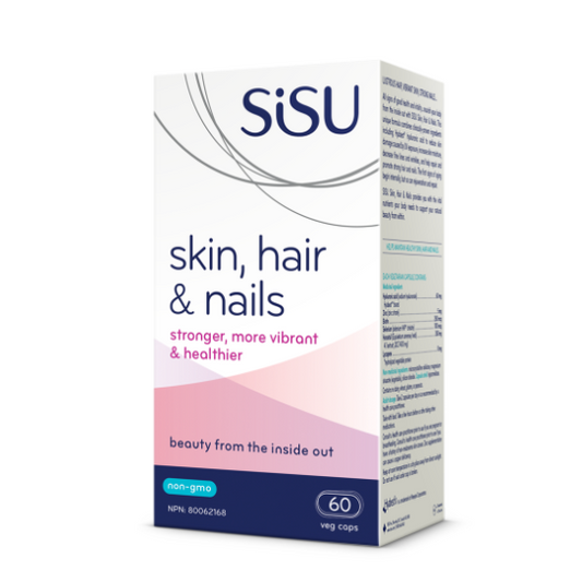 Sisu skin, hair & nails supplement box on a white background