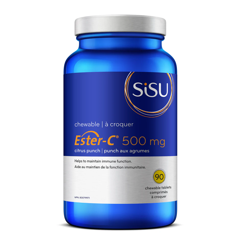 Blue supplement bottle labeled 'SISU Ester-C 500 mg' on a white background