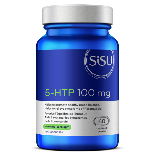 Blue Sisu supplement bottle labeled '5-HTP 100 mg' on a white background