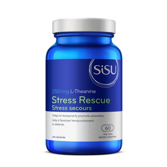 Blue supplement bottle labeled 'Stress Rescue' by SISU on a white background