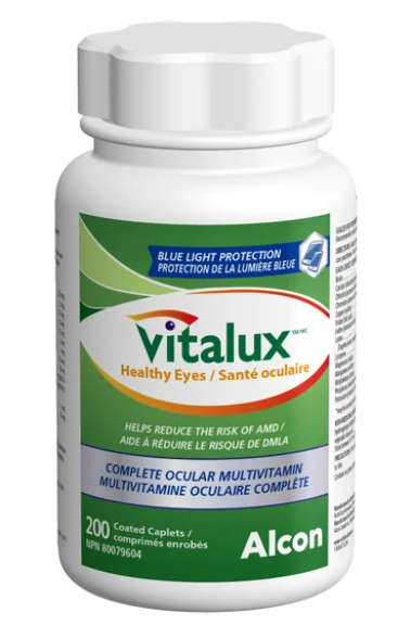 A bottle of Vitalux Healthy Eyes Ocular Multivitamin with 200 coated tablets, predominantly white and green packaging with product information and brand logo.