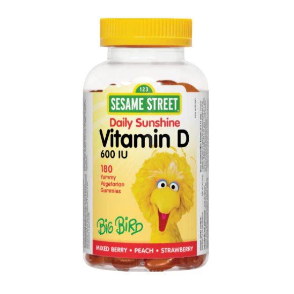 Sesame Street Daily Sunshine Vitamin D bottle with Big Bird on a white background