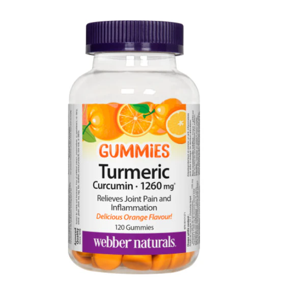 Bottle of Webber Naturals Turmeric Curcumin gummies with orange flavor on a white background