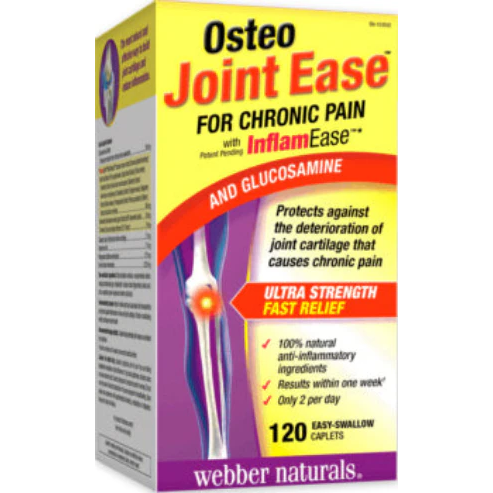 Box of Osteo Joint Ease with InflamEase and Glucosamine for chronic pain, featuring Webber Naturals branding. available online natvd.com