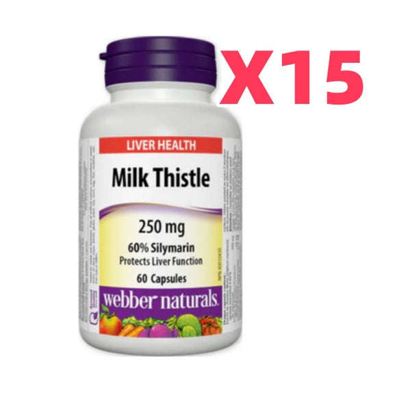 15 x Webber Naturals Milk Thistle, 250 mg, 60 caps Bundle