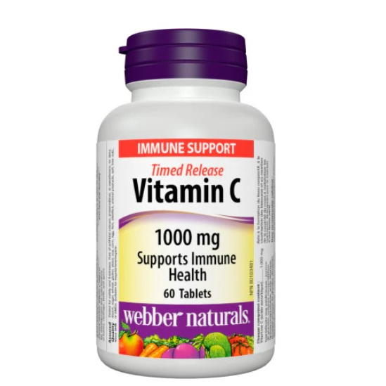 Vitamin C supplement bottle with purple cap on a white background Canadian label sold by natvd.com Natural Vitamin Direct Inc 