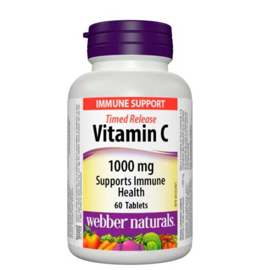 Vitamin C supplement bottle with purple cap on a white background Canadian label sold by natvd.com Natural Vitamin Direct Inc 