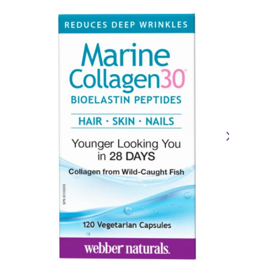 Marine Collagen 30 supplement packaging with branding and product claims on a white background