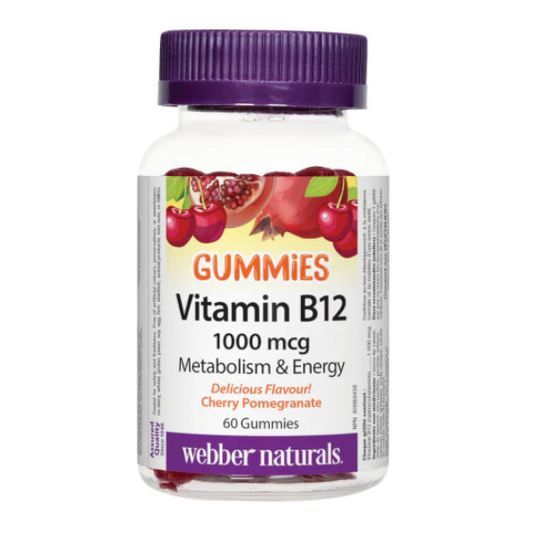 Bottle of Webber Naturals Vitamin B12 gummies on a white background sold online by natvd.com