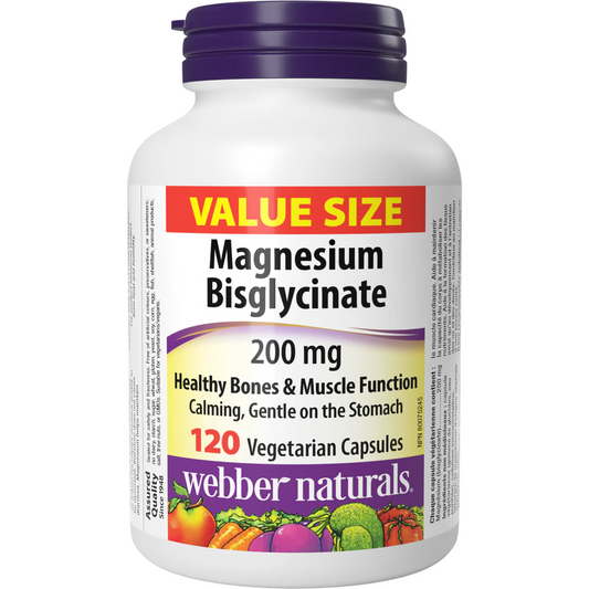 Webber Naturals Magnesium Bisglycinate 200 mg 120 veg capsules available online from natural vitamin direct canada