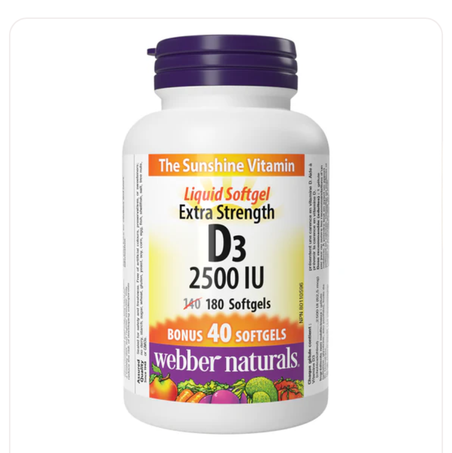 Webber Naturals 強效維生素D，2500 IU， 180粒軟膠囊