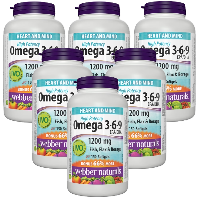 [优惠组合] 6瓶 X Webber Naturals 加量裝Omega 3-6-9 , 1200毫克 150软胶囊