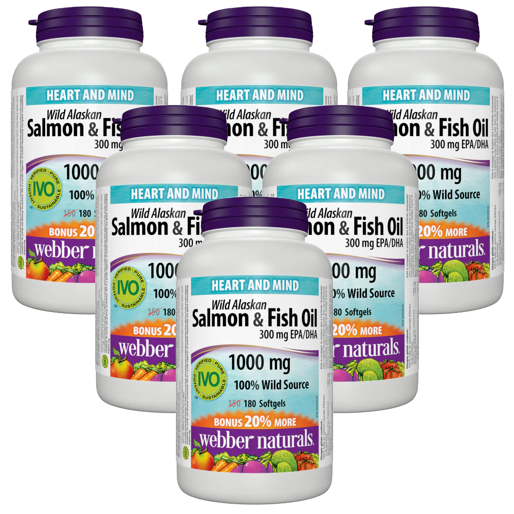 [優惠組合] 6瓶x【加量裝】 Webber Naturals Omega-3 野生三文魚;混合魚油，1000毫克, 180粒