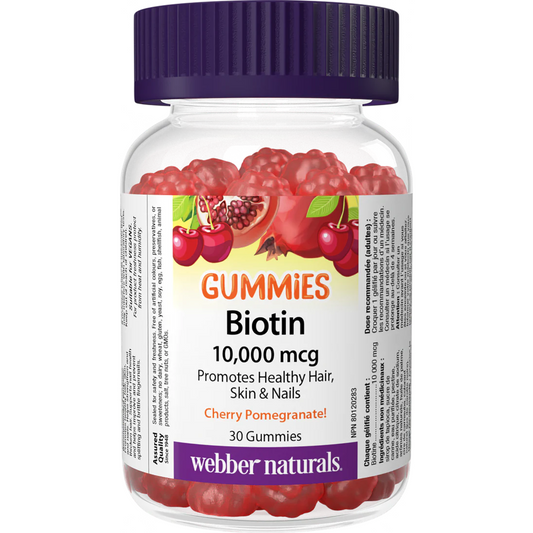 Bottle of Webber Naturals Biotin gummies with cherry and pomegranate flavor on a white background