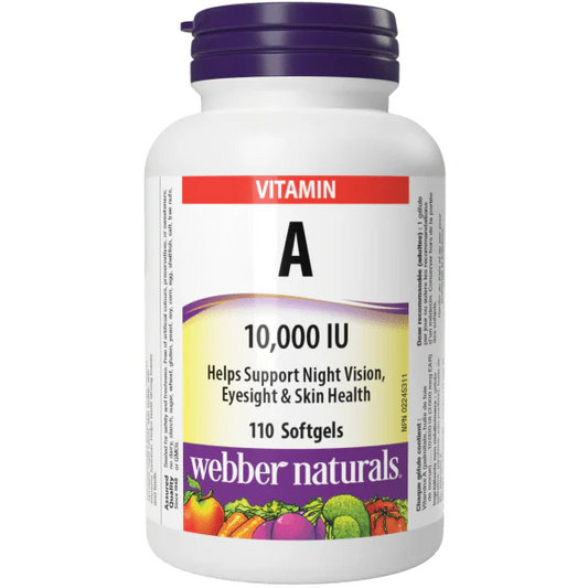 Webber Naturals Vitamin A supplement bottle on a white background sold by natural vitamin direct inc canada