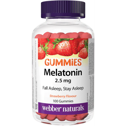 Bottle of Webber Naturals Melatonin gummies with strawberry flavor on a white background