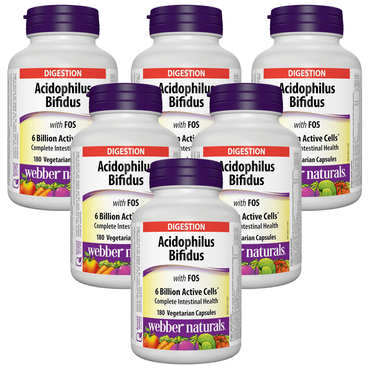Six bottles of Webber Naturals Digestion Acidophilus Bifidus dietary supplements arranged in a cluster on a plain white background. value Canadian label