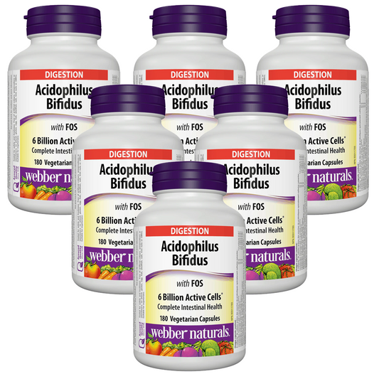 Six bottles of Webber Naturals Digestion Acidophilus Bifidus dietary supplements arranged in a cluster on a plain white background. value Canadian label