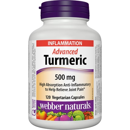 Bottle of Webber Naturals Advanced Turmeric capsules on a white background