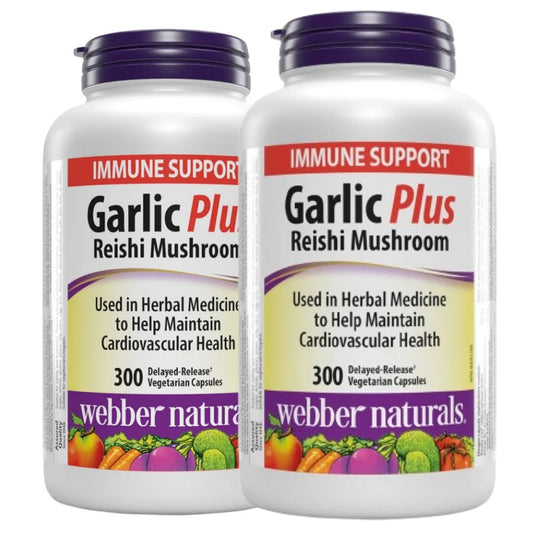 2x Webber Naturals Garlic Plus with Reishi Mushroom Extract，300 Delayed-release vegetarian Capsules Bundle