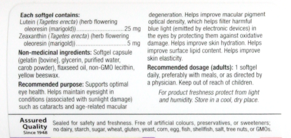 Webber Naturals Lutein Extra Strength, 25mg w/ 5 mg Zeaxanthin 175 Softgels ingredients Canadian label