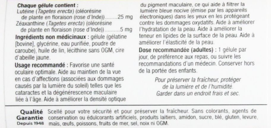 Webber Naturals Lutein Extra Strength, 25mg w/ 5 mg Zeaxanthin 175 Softgels French Canadian label