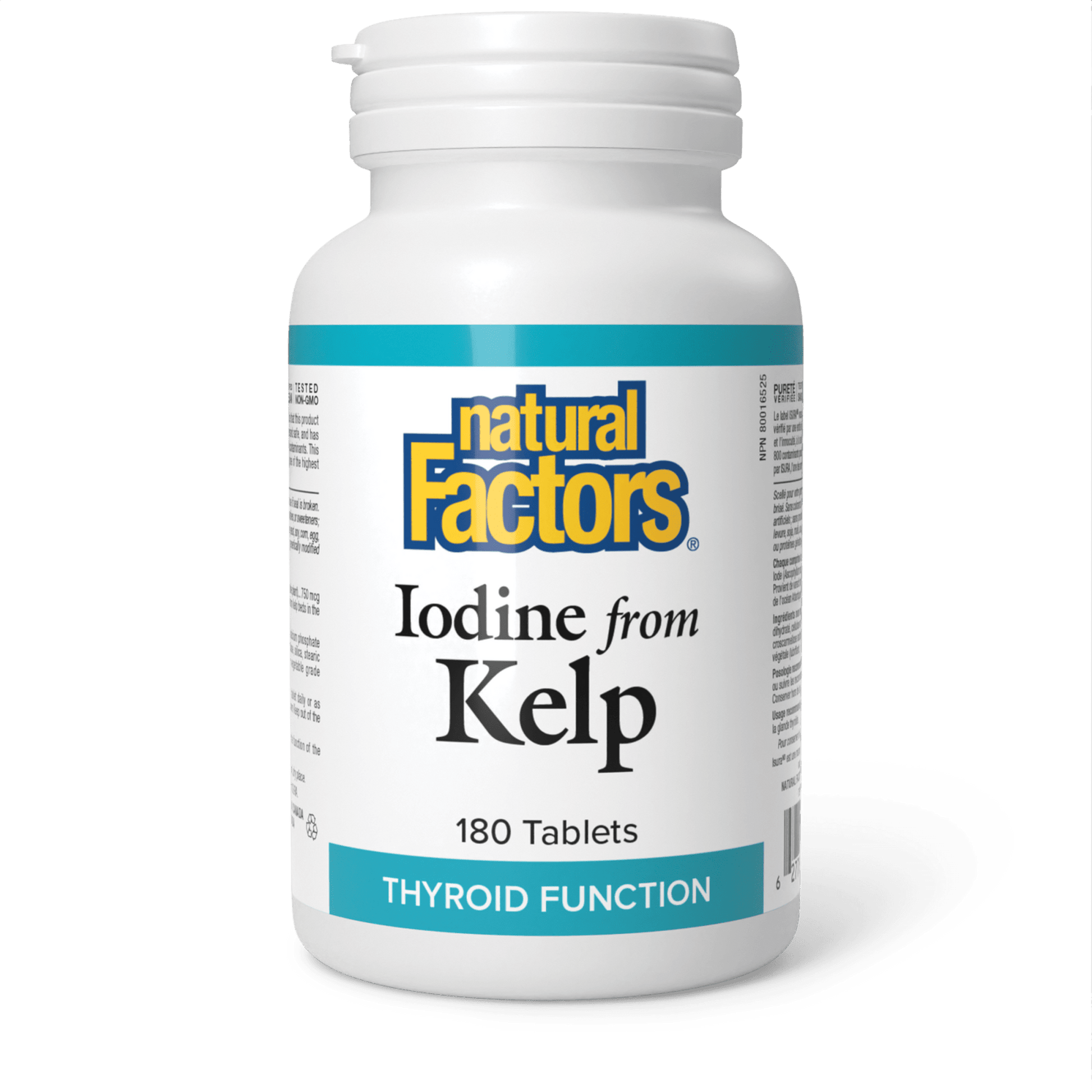 A bottle of Natural Factors Iodine from Kelp, containing 180 tablets for thyroid function, with a white and blue label.