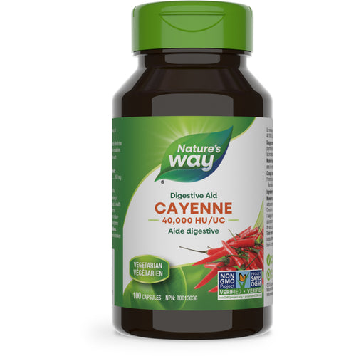 A bottle of Nature's Way Cayenne 40,000 HU dietary supplement, with a green label featuring an image of a red chili pepper.
