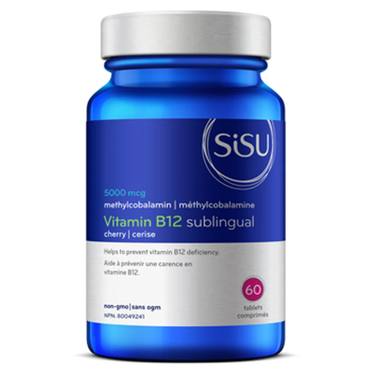 Blue Sisu vitamin B12 sublingual supplement bottle on a white background Canadian label natvd.com
natural vitamin direct inc