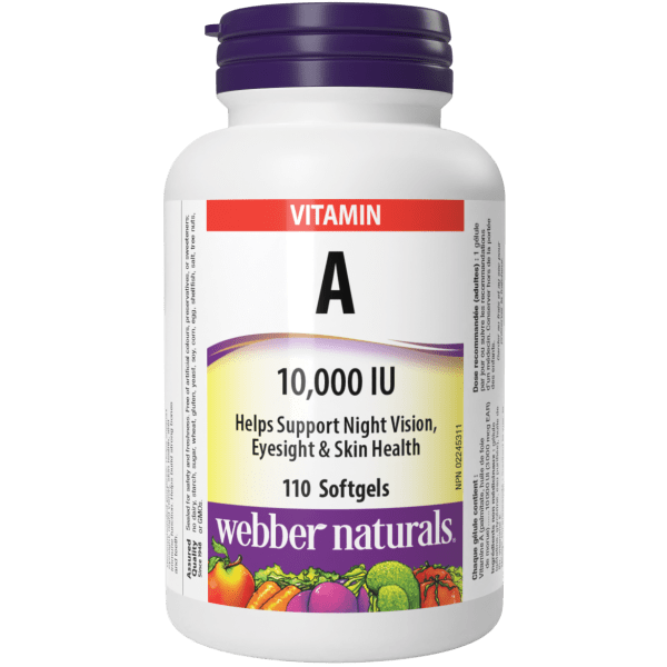 A bottle of Webber Naturals Vitamin A 10,000 IU, which contains 110 softgels for eyesight and skin health.