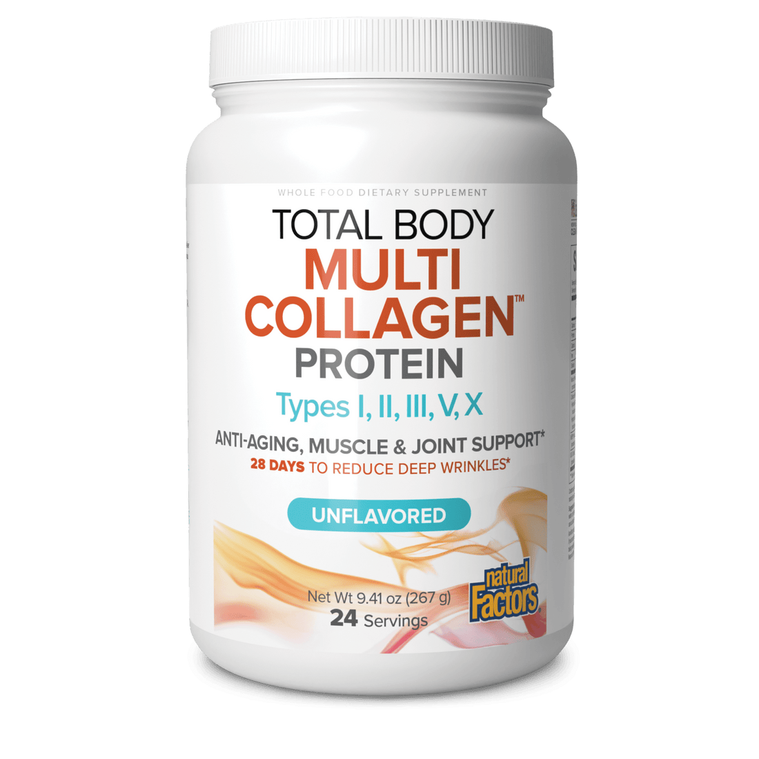 A container of Natural Factors Total Body Multi Collagen Protein powder, unflavored, with information about the product on the label.