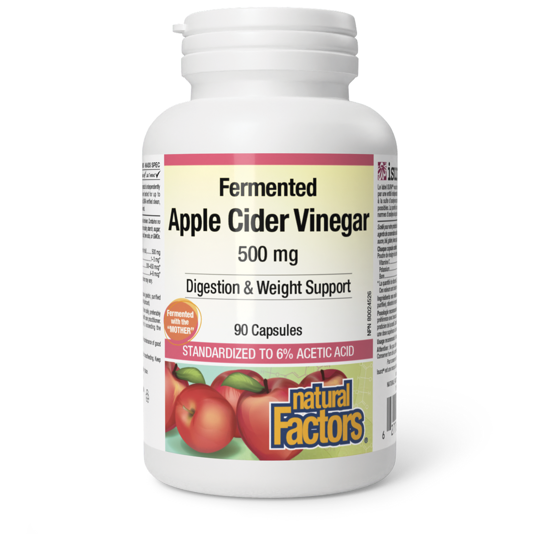 A bottle of Natural Factors Fermented Apple Cider Vinegar 500 mg, with 90 capsules. The label shows the product name, standardized to 6% acetic acid, and an image of apples.
