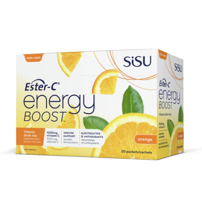 Box of Sisu Ester-C Energy Boost supplement with orange slices on a white background Canada natural vitamin direct inc natvd.com online store
