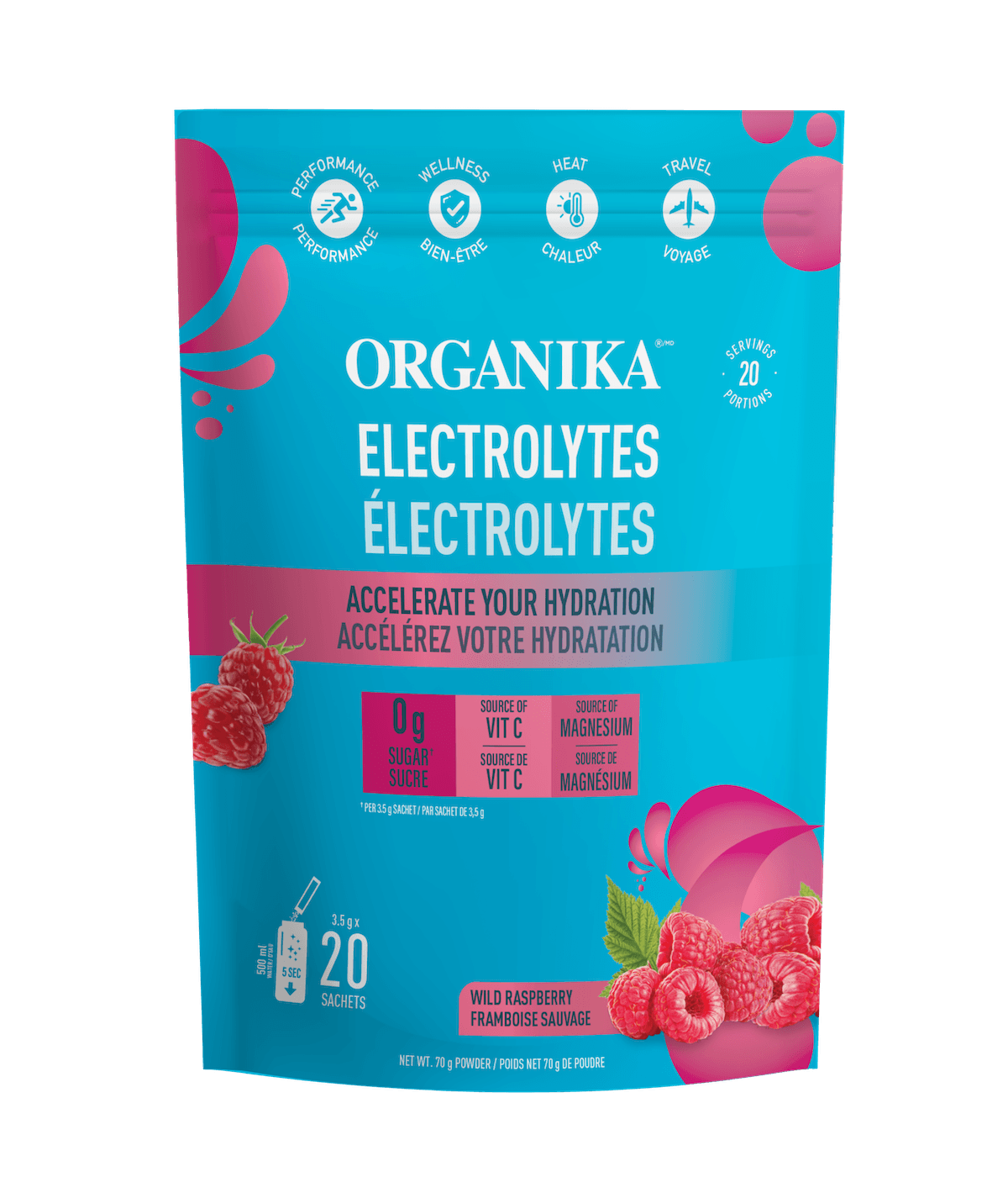 优格康 Organika Electrolyte Wild Raspberry, 350g Canadian Packaging